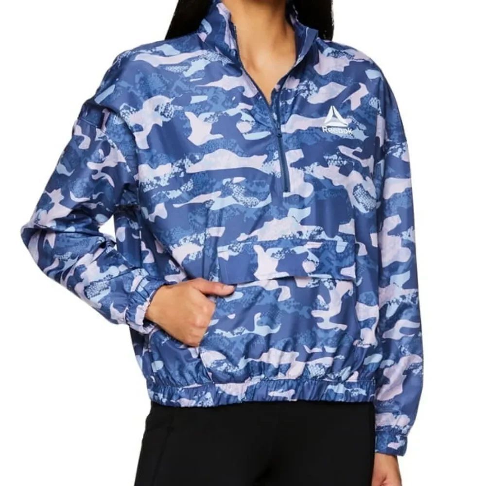 Reebok Womens Essential Woven Printed Quarter Zip Windbreaker with Pocket